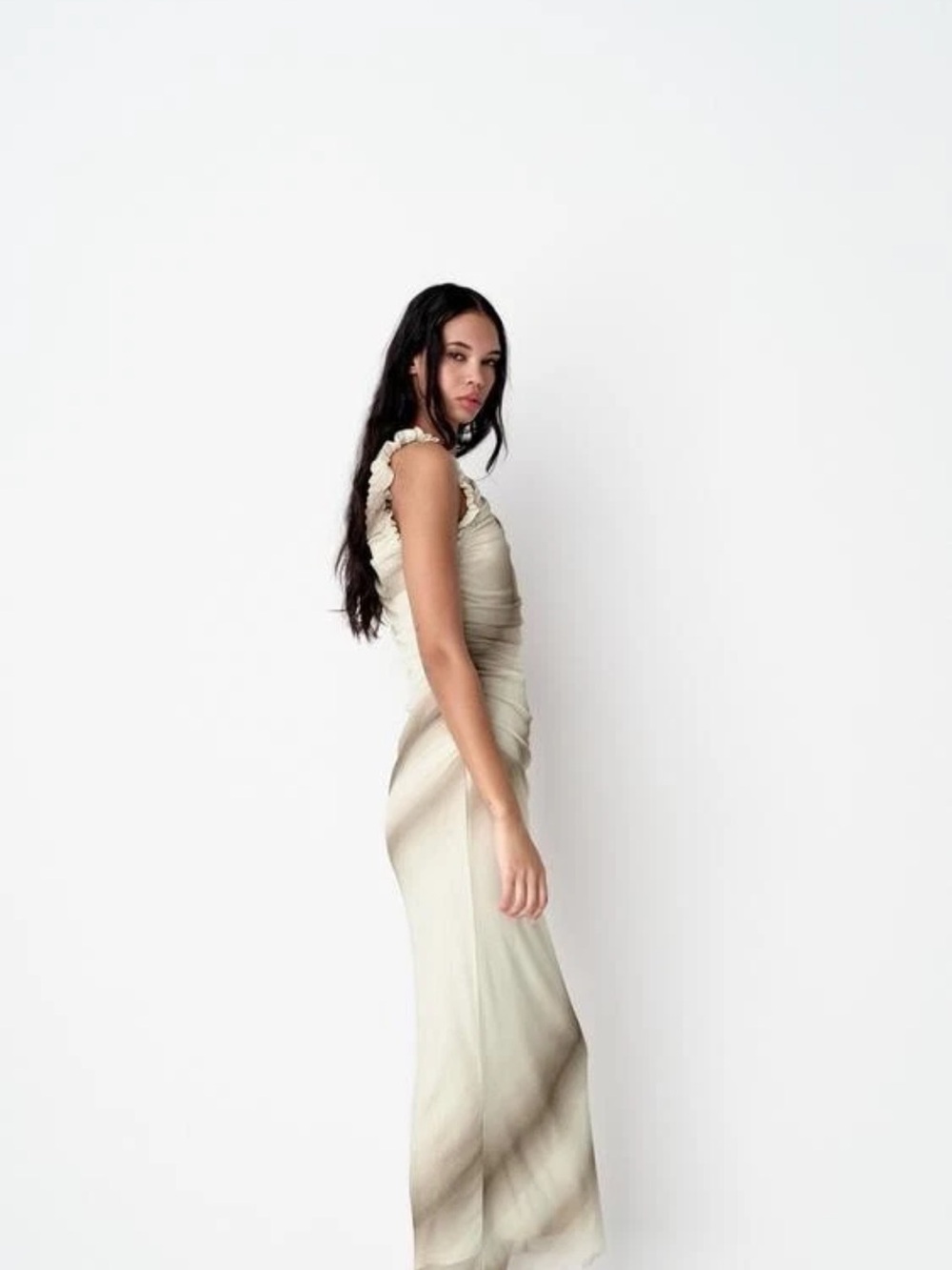 Zara Sleeveless Draped Maxi Dress in Cream and Taupe - Picture 3 of 11